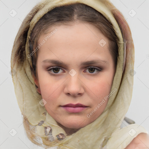 Neutral white young-adult female with medium  brown hair and brown eyes