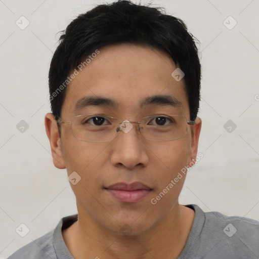 Neutral asian young-adult male with short  black hair and brown eyes