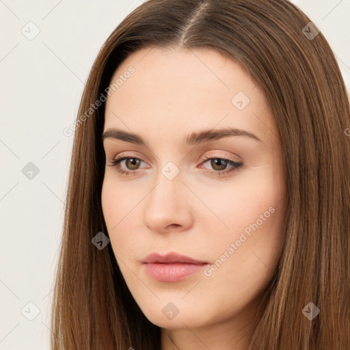 Neutral white young-adult female with long  brown hair and brown eyes