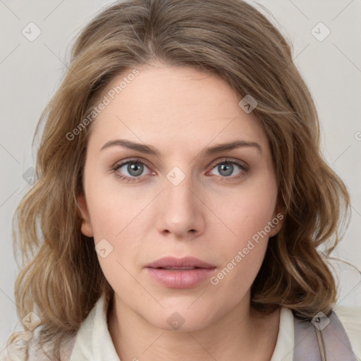 Neutral white young-adult female with medium  brown hair and grey eyes