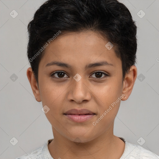 Joyful latino young-adult female with short  brown hair and brown eyes