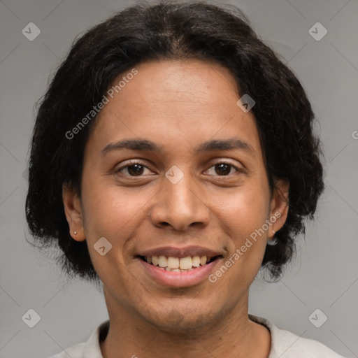 Joyful latino young-adult female with short  brown hair and brown eyes