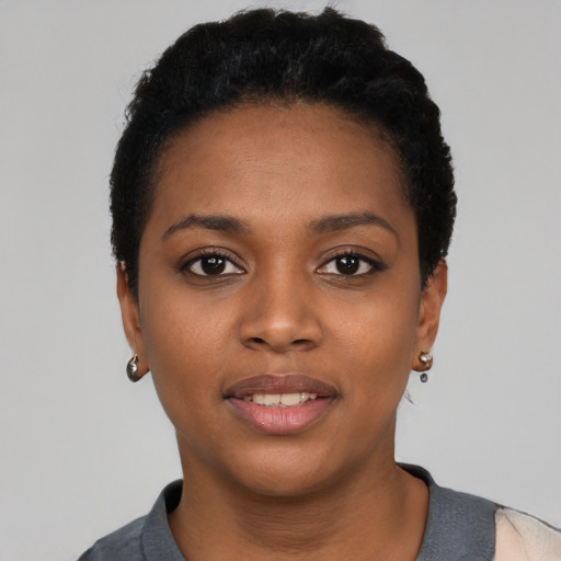 Neutral black young-adult female with short  black hair and brown eyes