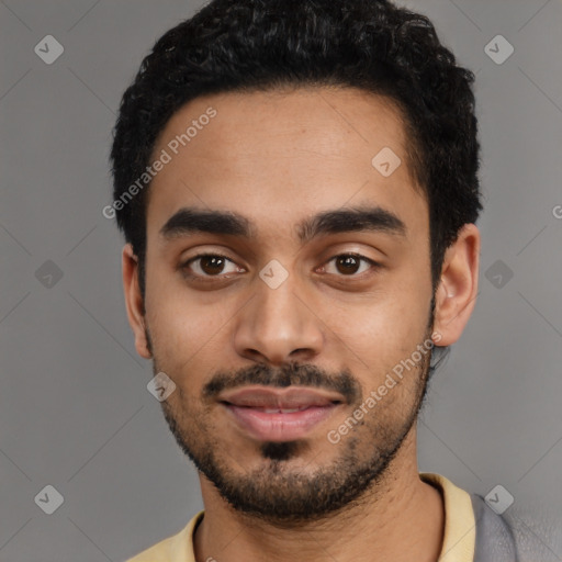 Neutral latino young-adult male with short  black hair and brown eyes