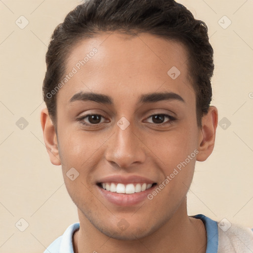 Joyful white young-adult female with short  brown hair and brown eyes