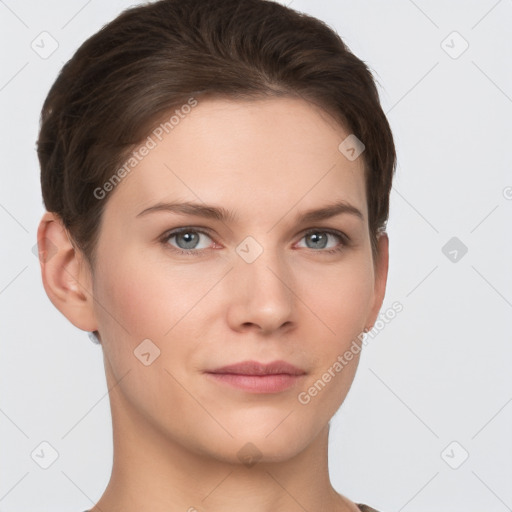 Neutral white young-adult female with short  brown hair and brown eyes