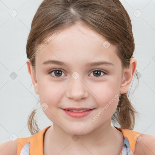 Joyful white child female with medium  brown hair and brown eyes