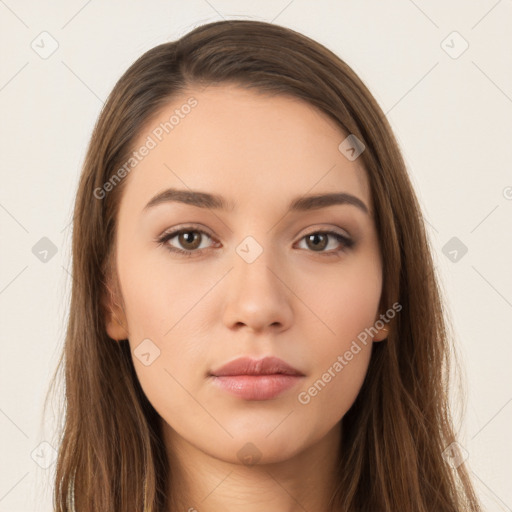 Neutral white young-adult female with long  brown hair and brown eyes