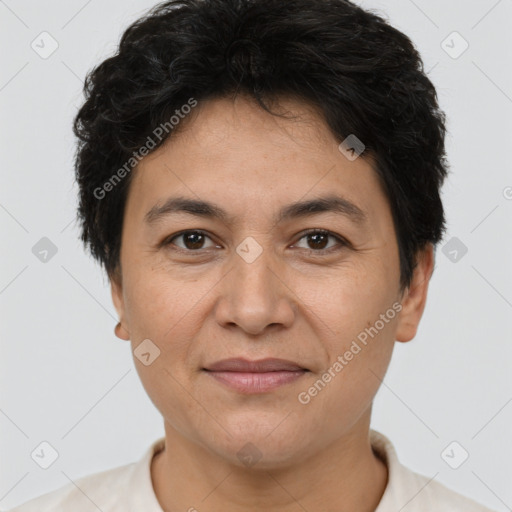 Joyful white adult female with short  brown hair and brown eyes