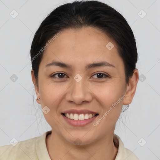 Joyful white young-adult female with medium  brown hair and brown eyes