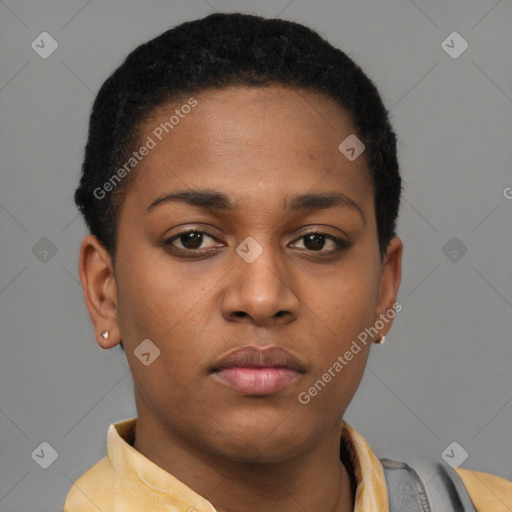 Neutral black young-adult female with short  brown hair and brown eyes