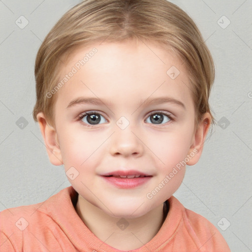 Joyful white child female with medium  brown hair and blue eyes