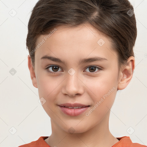 Joyful white child female with short  brown hair and brown eyes