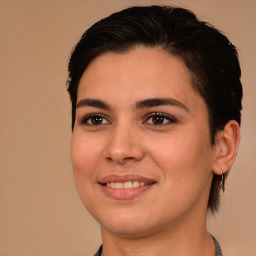 Joyful white young-adult female with medium  brown hair and brown eyes