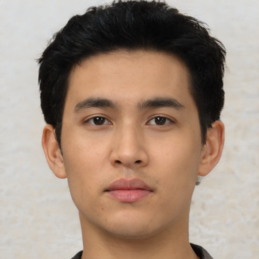 Neutral asian young-adult male with short  black hair and brown eyes