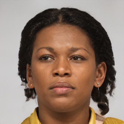 Neutral black young-adult female with medium  brown hair and brown eyes