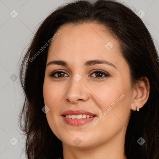 Joyful white young-adult female with long  brown hair and brown eyes