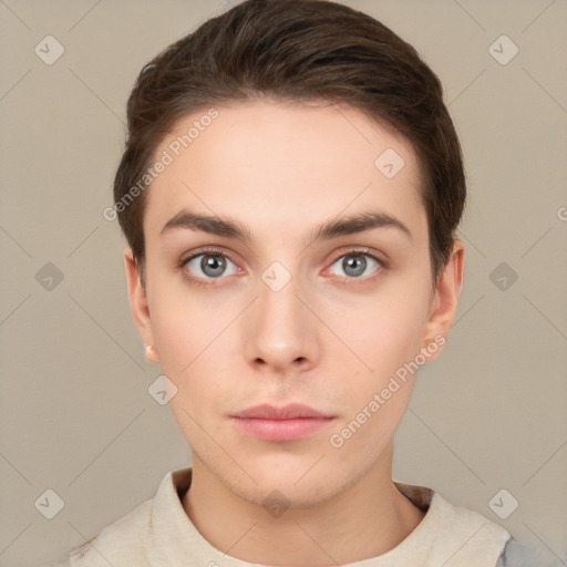 Neutral white young-adult female with short  brown hair and brown eyes