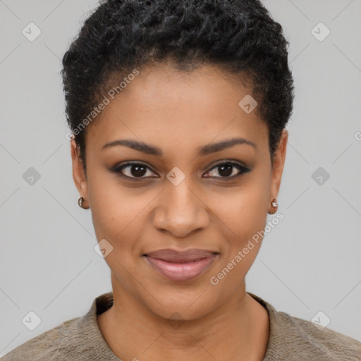 Joyful black young-adult female with short  brown hair and brown eyes