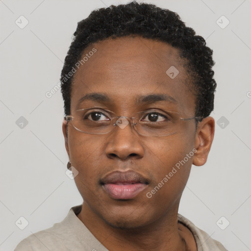 Neutral black young-adult male with short  black hair and brown eyes