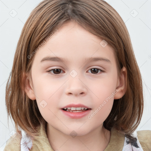 Joyful white child female with medium  brown hair and brown eyes