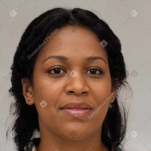 Joyful black young-adult female with medium  brown hair and brown eyes