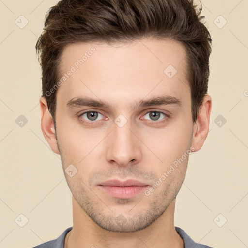 Neutral white young-adult male with short  brown hair and brown eyes