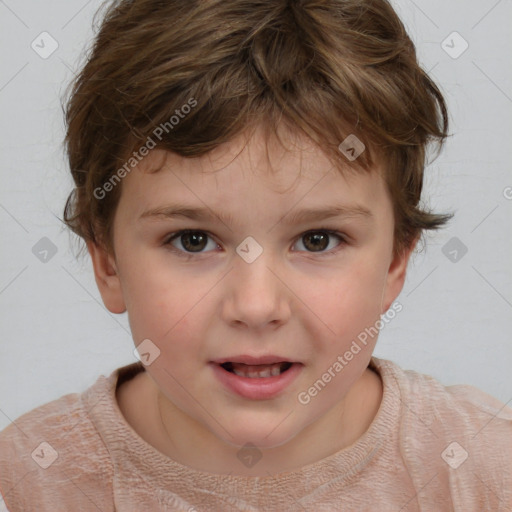 Joyful white child female with short  brown hair and brown eyes