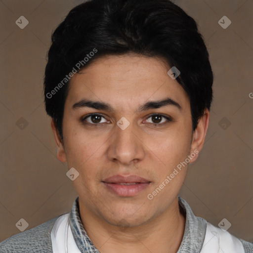 Joyful white young-adult male with short  black hair and brown eyes