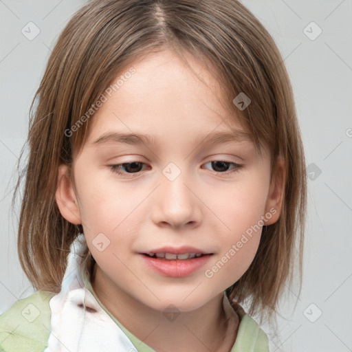 Joyful white child female with medium  brown hair and brown eyes