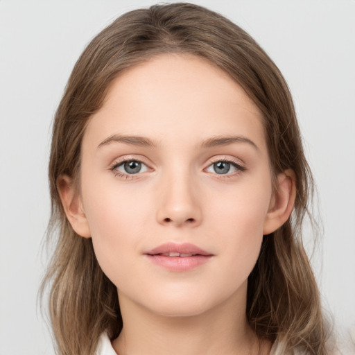 Neutral white young-adult female with medium  brown hair and grey eyes