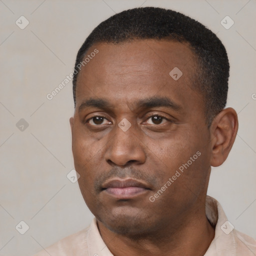 Neutral black young-adult male with short  black hair and brown eyes