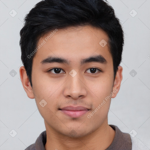 Neutral asian young-adult male with short  black hair and brown eyes