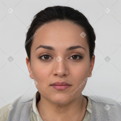 Neutral white young-adult female with short  brown hair and brown eyes