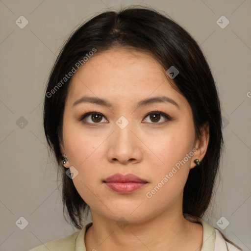 Neutral asian young-adult female with medium  brown hair and brown eyes