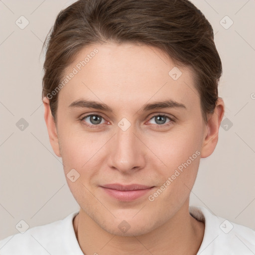 Joyful white young-adult female with short  brown hair and brown eyes