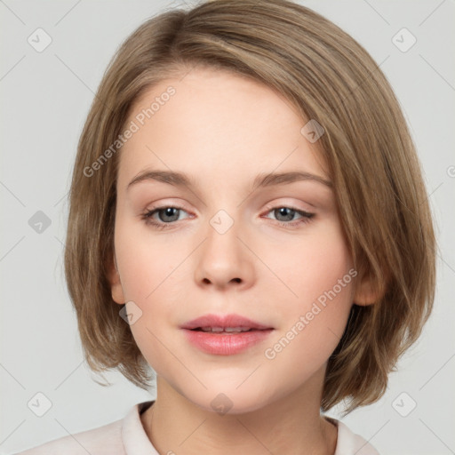 Neutral white young-adult female with medium  brown hair and brown eyes