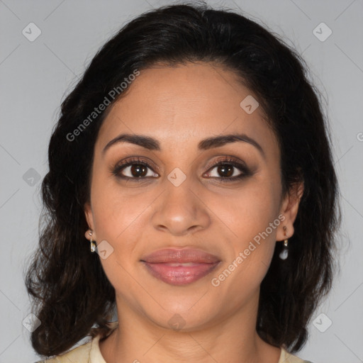 Joyful latino young-adult female with medium  brown hair and brown eyes