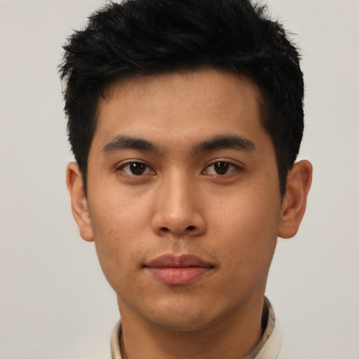 Neutral asian young-adult male with short  black hair and brown eyes