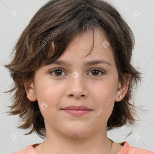 Joyful white child female with medium  brown hair and brown eyes