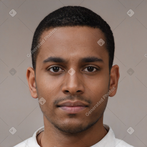 Neutral latino young-adult male with short  black hair and brown eyes