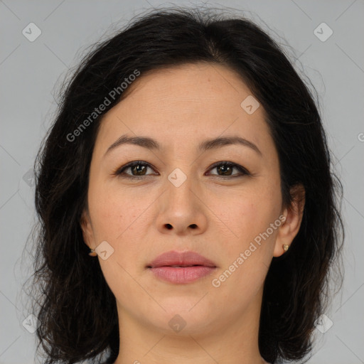 Joyful asian young-adult female with medium  brown hair and brown eyes