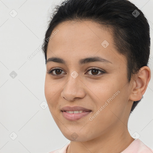 Joyful latino young-adult female with short  brown hair and brown eyes