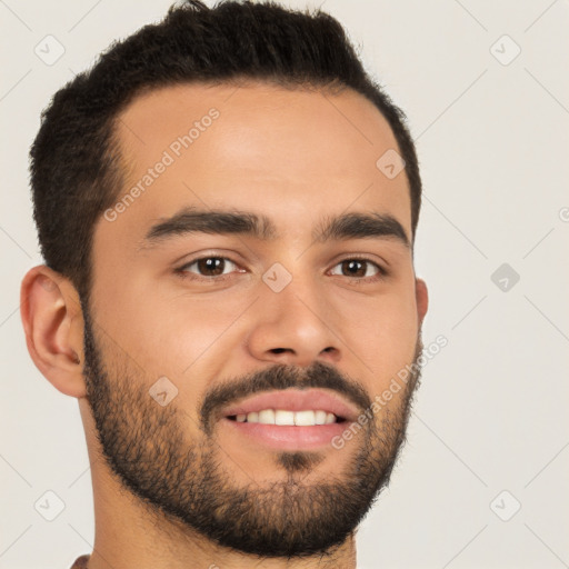 Joyful latino young-adult male with short  brown hair and brown eyes