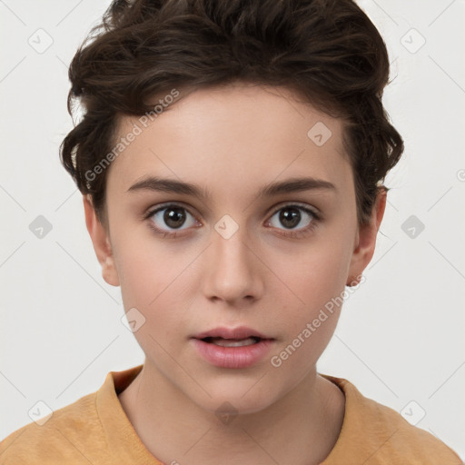 Neutral white young-adult female with short  brown hair and brown eyes