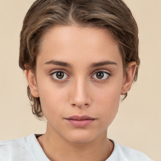 Neutral white young-adult female with short  brown hair and brown eyes