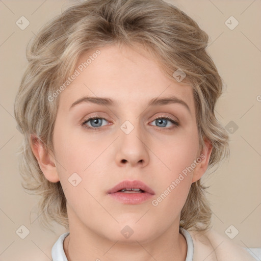 Neutral white young-adult female with medium  brown hair and grey eyes