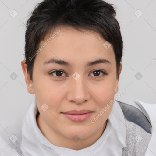 Joyful white young-adult female with short  brown hair and brown eyes