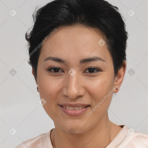 Joyful asian young-adult female with short  brown hair and brown eyes