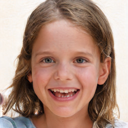 Joyful white child female with medium  brown hair and blue eyes